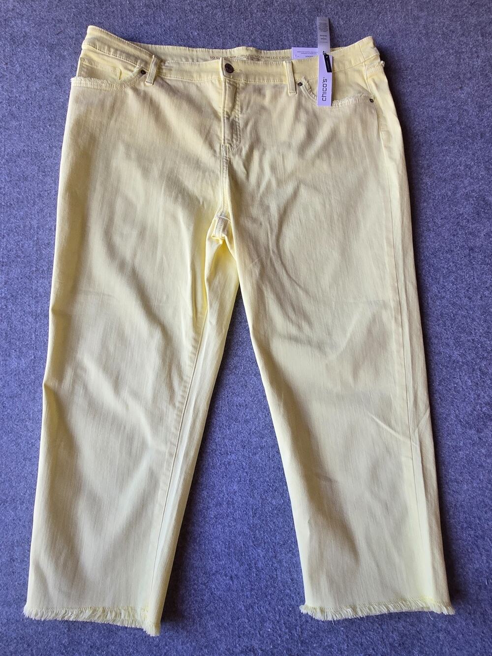Chico's SO Slimming Girlfriend Slim Leg Crop Jeans Yellow Raw Hem Size 20
